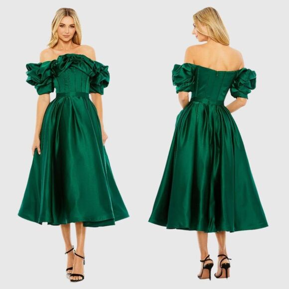Mac Duggal 20706 Size 14 Green Satin Off The Shoulder Midi Tea Length Dress Gown - Picture 4 of 4
